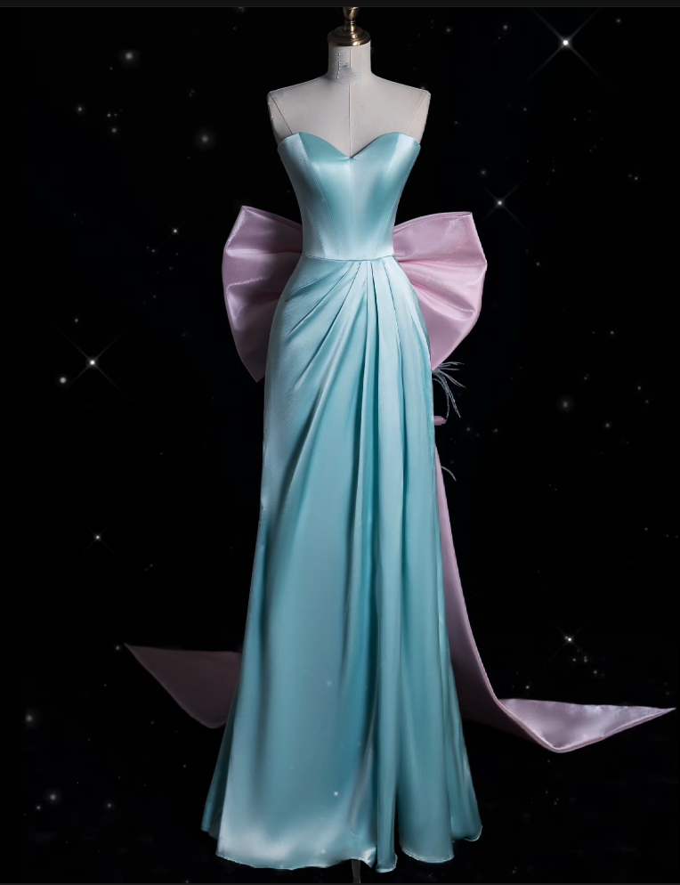 Modest A-Line Sweetheart Blue Satin Party Dress Long Prom Dress Evening Dresses - FashionDia