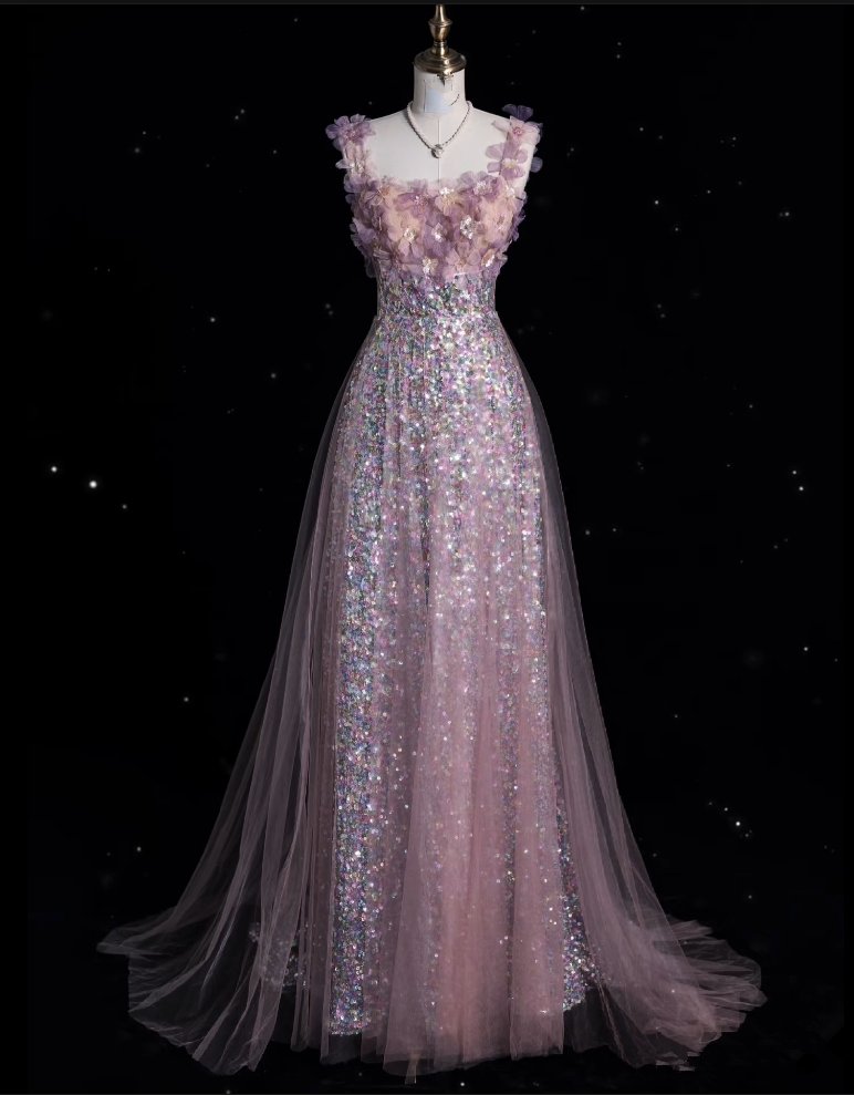 Modest A Line Straps Sequin Pink Party Dress Long Prom Dress Evening Dresses