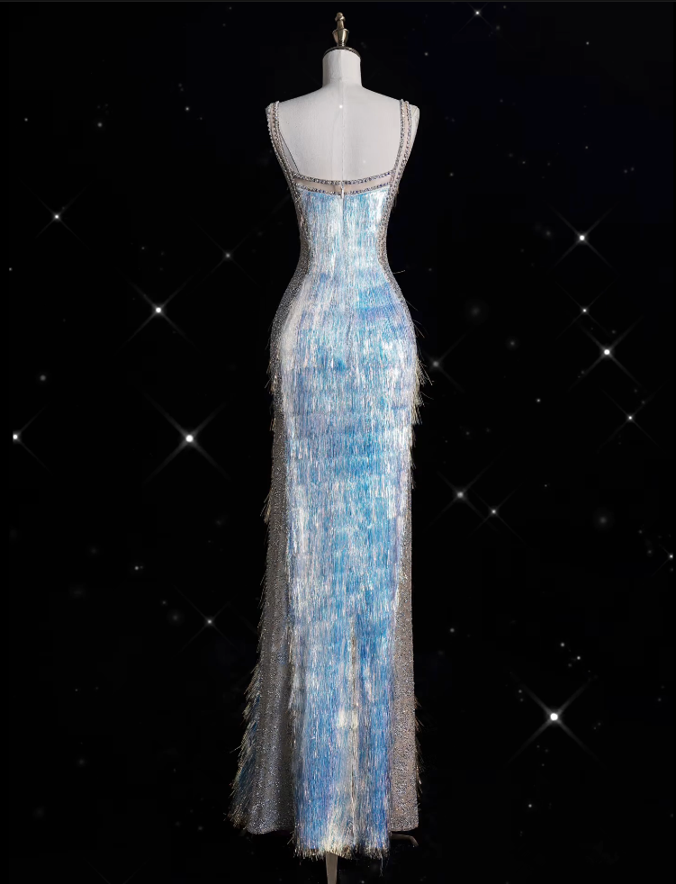 Modest Mermaid Straps Sequin Blue Party Dress Long Prom Dress Evening Dresses With Tassel - View 2 | FashionDia