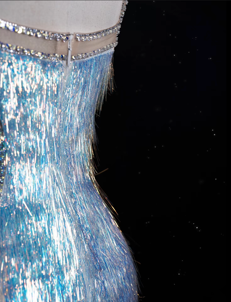 Modest Mermaid Straps Sequin Blue Party Dress Long Prom Dress Evening Dresses With Tassel - View 4 | FashionDia
