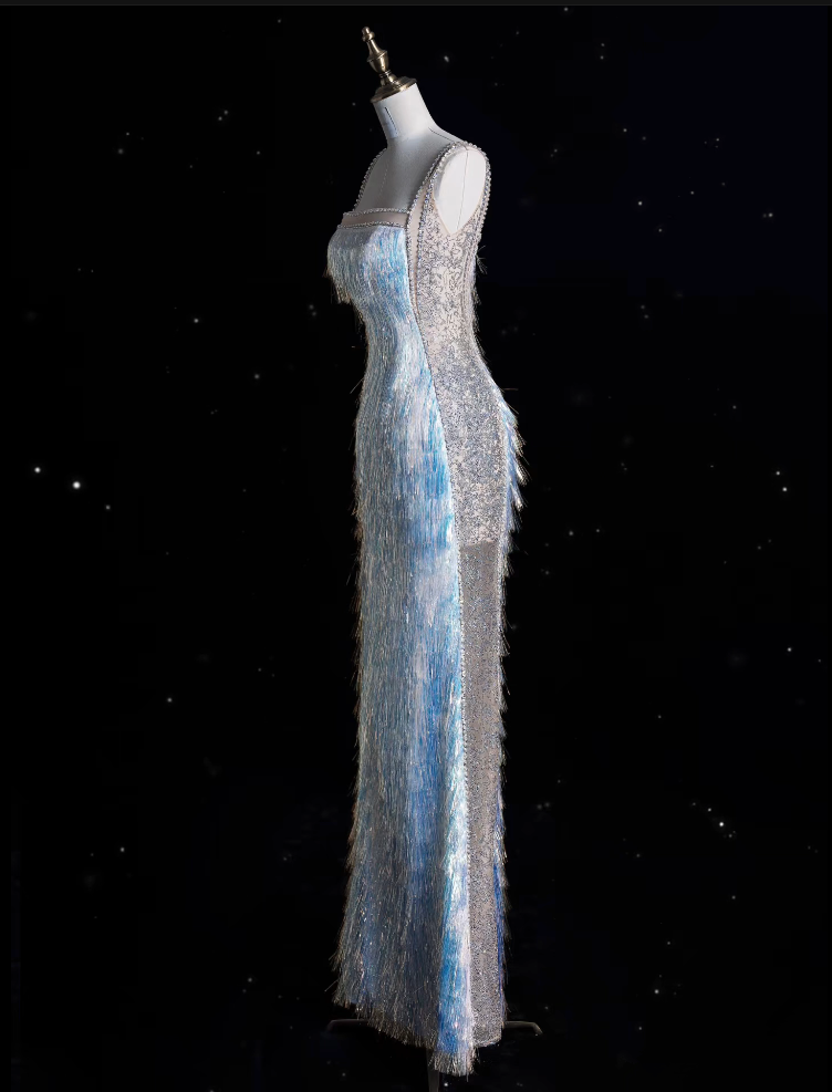 Modest Mermaid Straps Sequin Blue Party Dress Long Prom Dress Evening Dresses With Tassel - View 3 | FashionDia