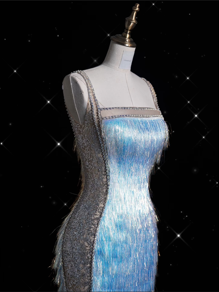 Modest Mermaid Straps Sequin Blue Party Dress Long Prom Dress Evening Dresses With Tassel - View 5 | FashionDia