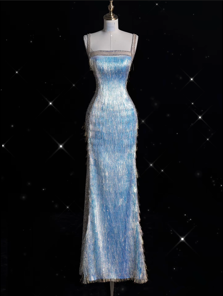 Modest Mermaid Straps Sequin Blue Party Dress Long Prom Dress Evening Dresses With Tassel - FashionDia