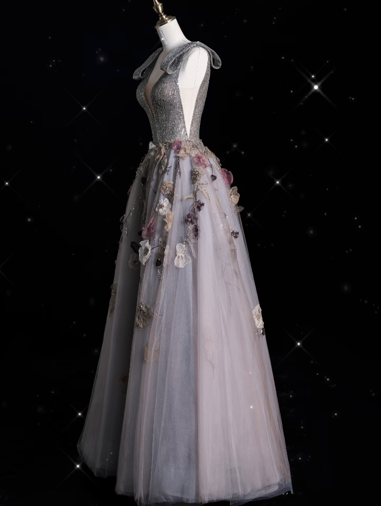 Sexy Ball Gown V Neckline Gray Tulle Floral Long Evening Gowns Prom Dresses - View 5 | FashionDia