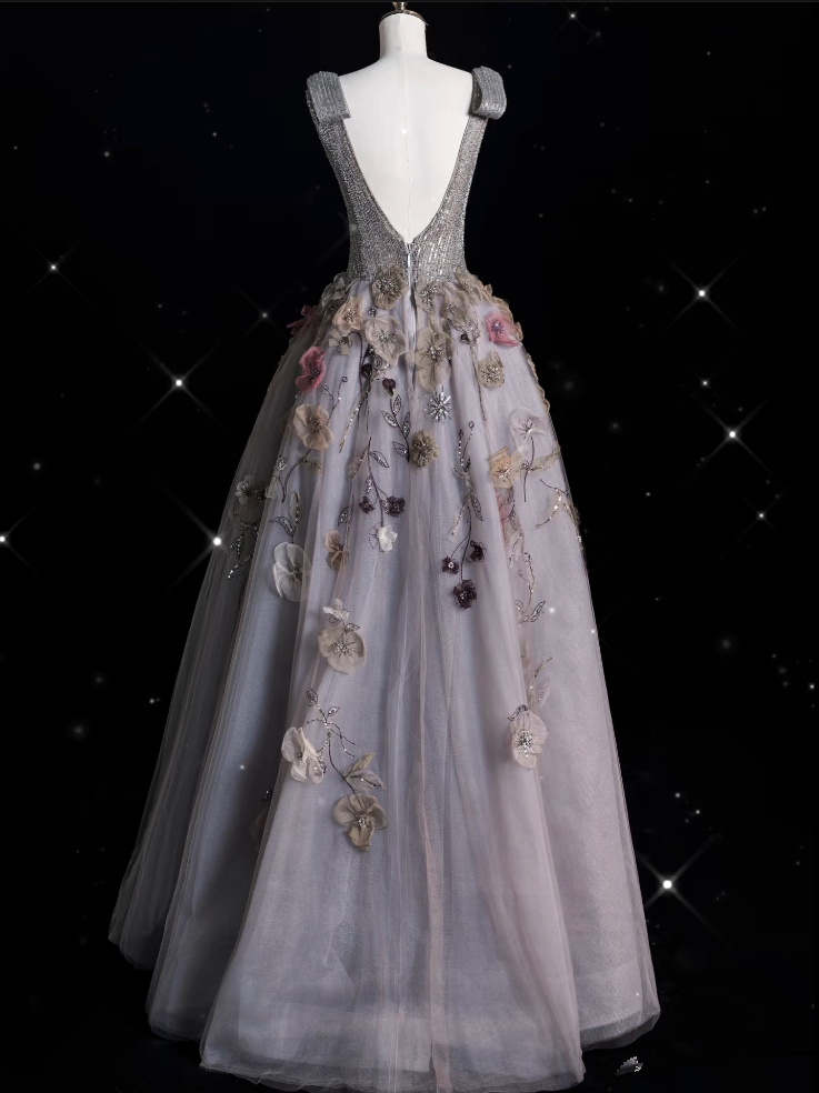 Sexy Ball Gown V Neckline Gray Tulle Floral Long Evening Gowns Prom Dresses - View 4 | FashionDia