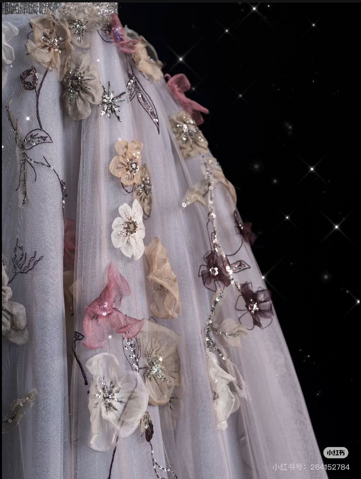 Sexy Ball Gown V Neckline Gray Tulle Floral Long Evening Gowns Prom Dresses - View 6 | FashionDia