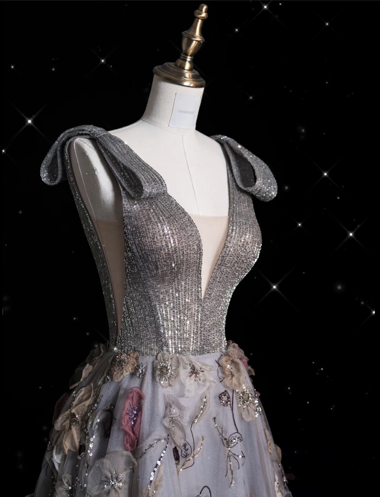 Sexy Ball Gown V Neckline Gray Tulle Floral Long Evening Gowns Prom Dresses - View 3 | FashionDia