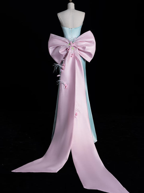 Modest A-Line Sweetheart Blue Satin Party Dress Long Prom Dress Evening Dresses - View 2 | FashionDia