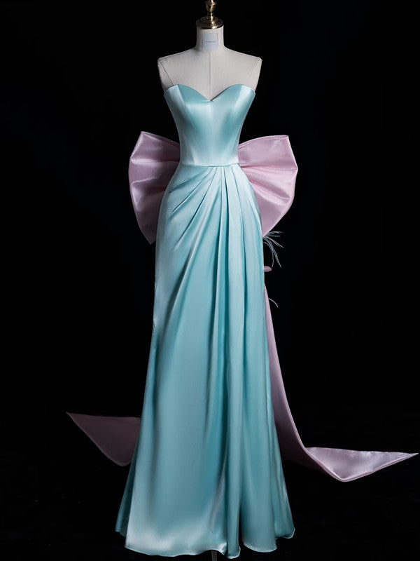 Modest A-Line Sweetheart Blue Satin Party Dress Long Prom Dress Evening Dresses - View 6 | FashionDia