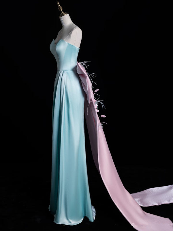 Modest A-Line Sweetheart Blue Satin Party Dress Long Prom Dress Evening Dresses - View 5 | FashionDia