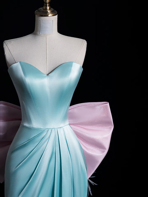 Modest A-Line Sweetheart Blue Satin Party Dress Long Prom Dress Evening Dresses - View 3 | FashionDia