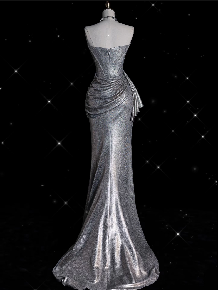 Sexy Mermaid Strapless Sequin Silver Evening Gowns Long Prom Dresses