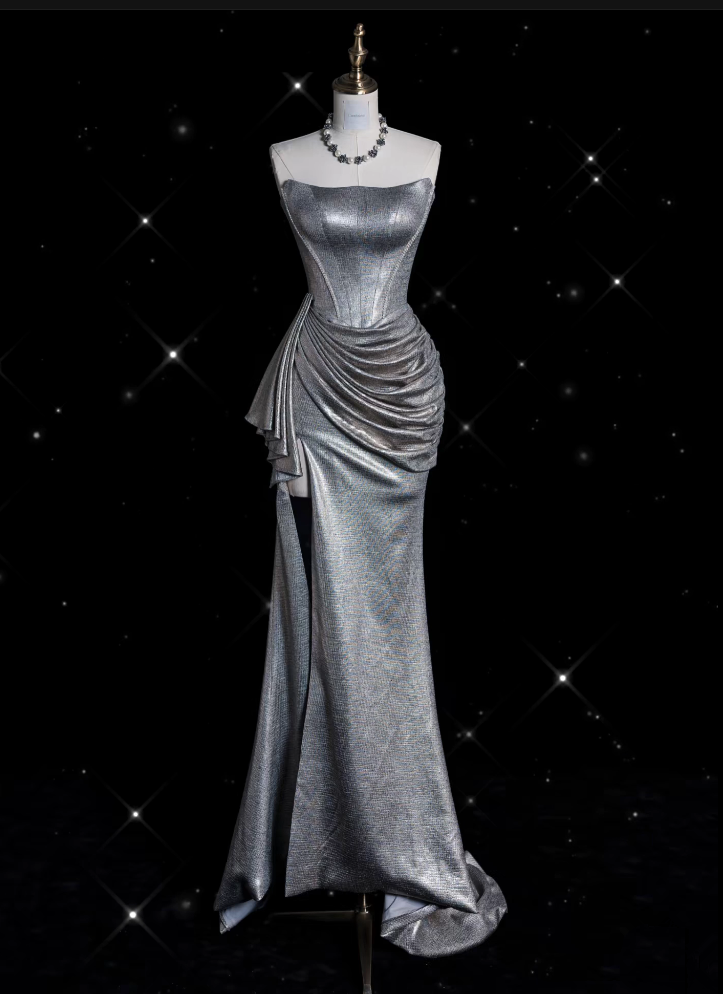 Sexy Mermaid Strapless Sequin Silver Evening Gowns Long Prom Dresses