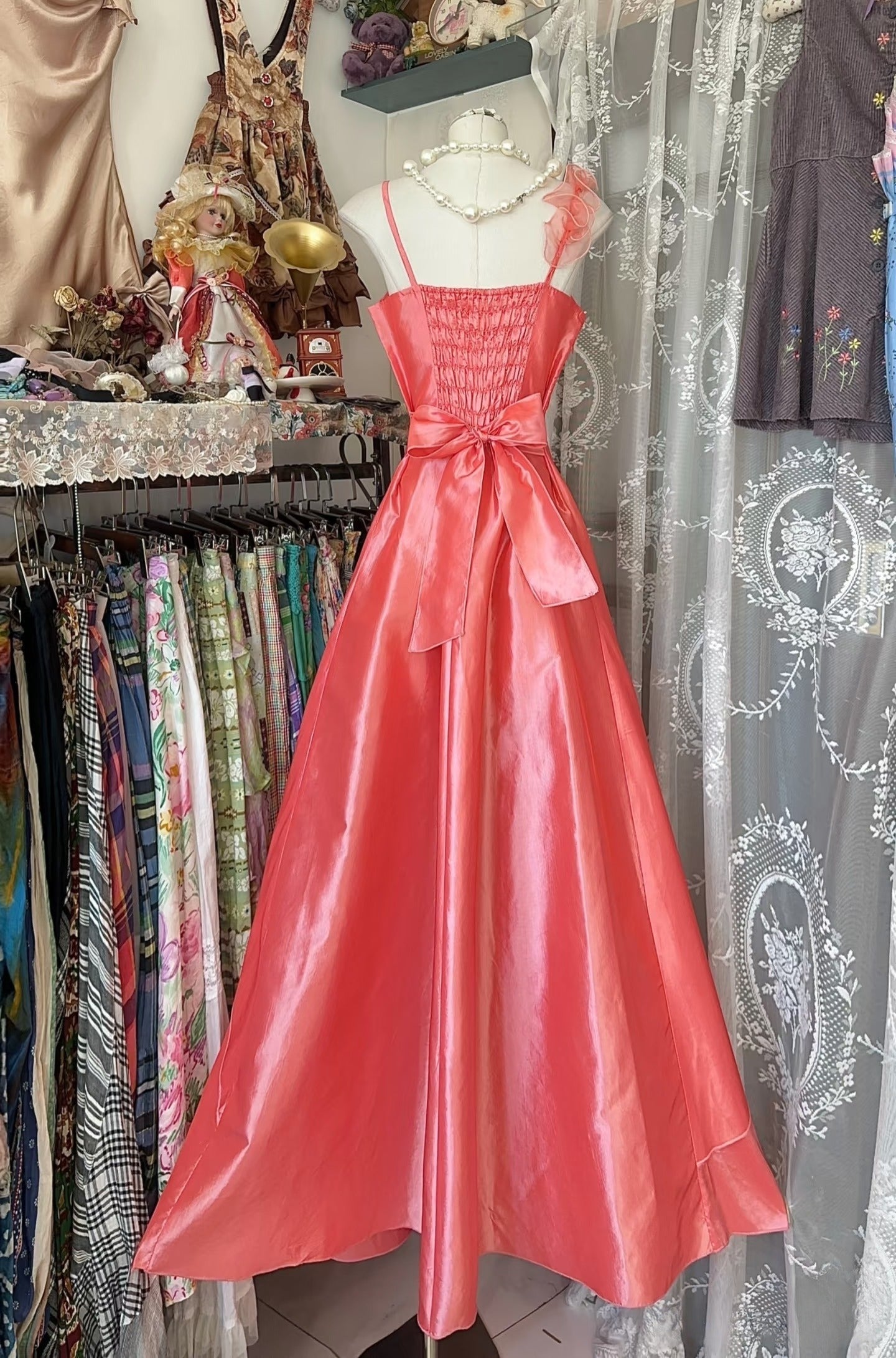 Vintage Fashion A line Spaghetti Straps Pink Floor Length Evening Dress Prom Dresses