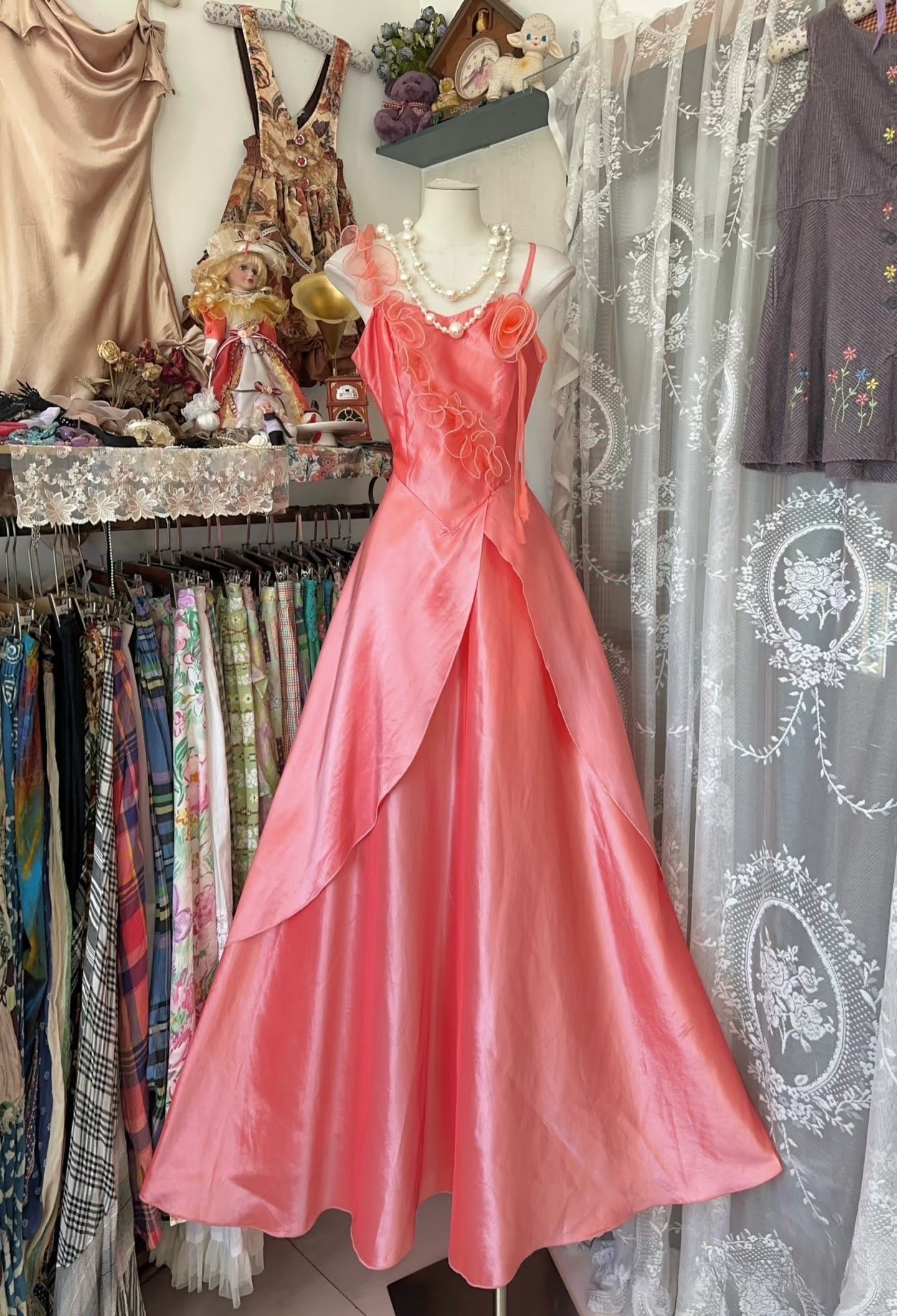 Vintage Fashion A line Spaghetti Straps Pink Floor Length Evening Dress Prom Dresses