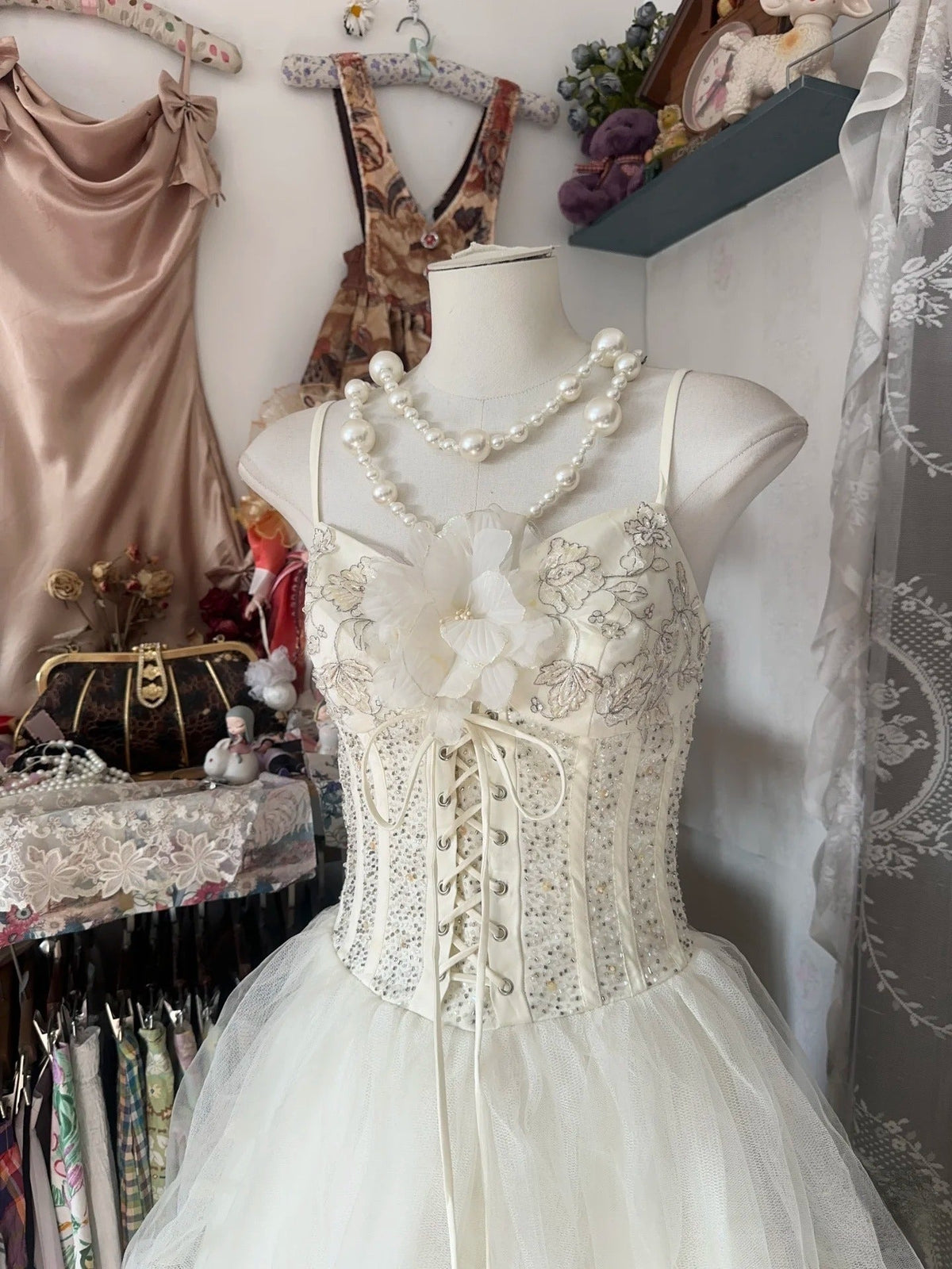 Vintage Ball Gown Spaghetti Straps Sleeveless Long White Evening & Prom Dress - View 2 | FashionDia