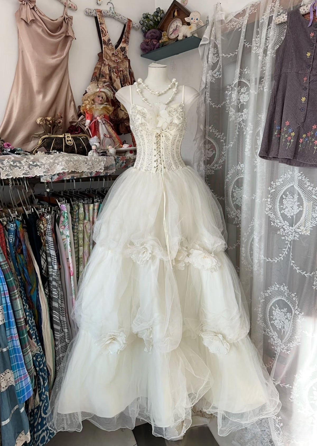 Vintage Ball Gown Spaghetti Straps Sleeveless Long White Evening & Prom Dress - FashionDia