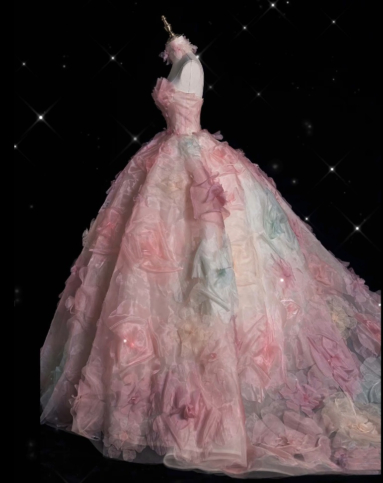 Vintage Fashion Ball Gown Strapless Pink Floral Floor-Length Evening & Prom Dress - View 3 | FashionDia