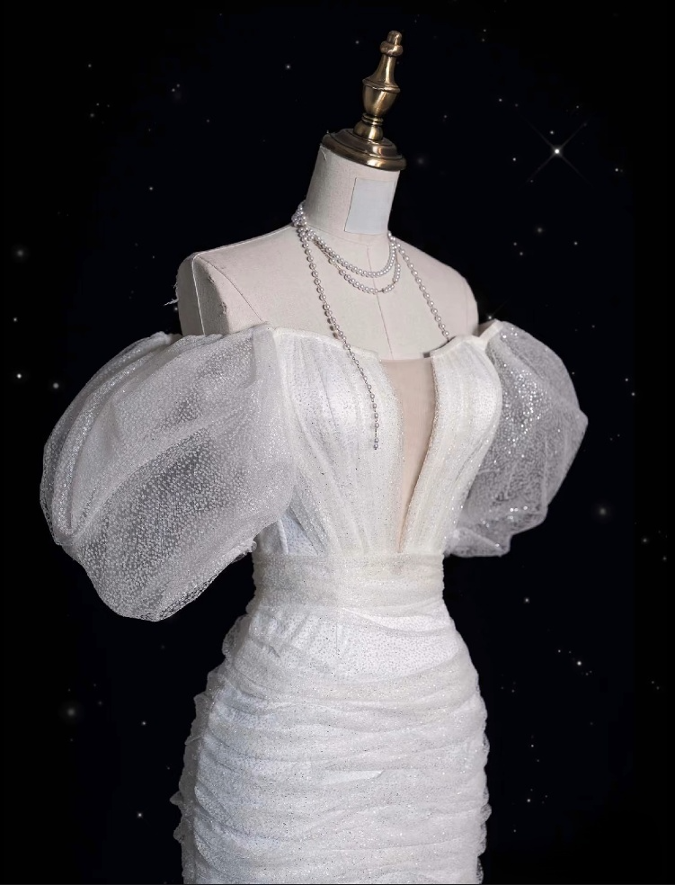 Unique Sheath Off-the-Shoulder Sequin Short Sleeves White Wedding Dresses Brides Dress - View 5 | FashionDia