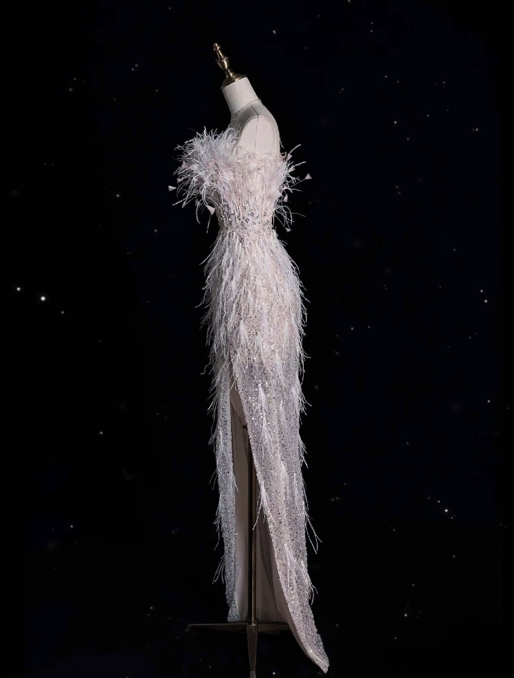 Classy Mermaid Strapless Feathers Floor-Length Evening Dress Sequin Prom Dresses