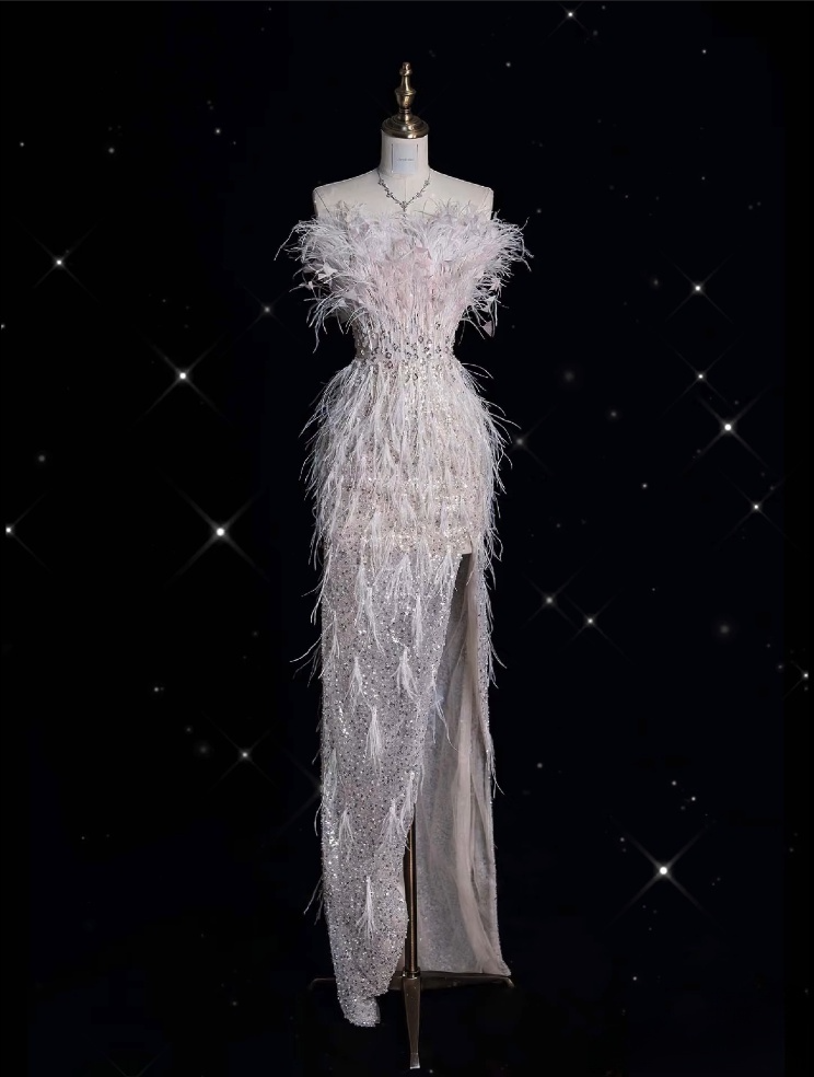 Classy Mermaid Strapless Feathers Floor-Length Evening Dress Sequin Prom Dresses