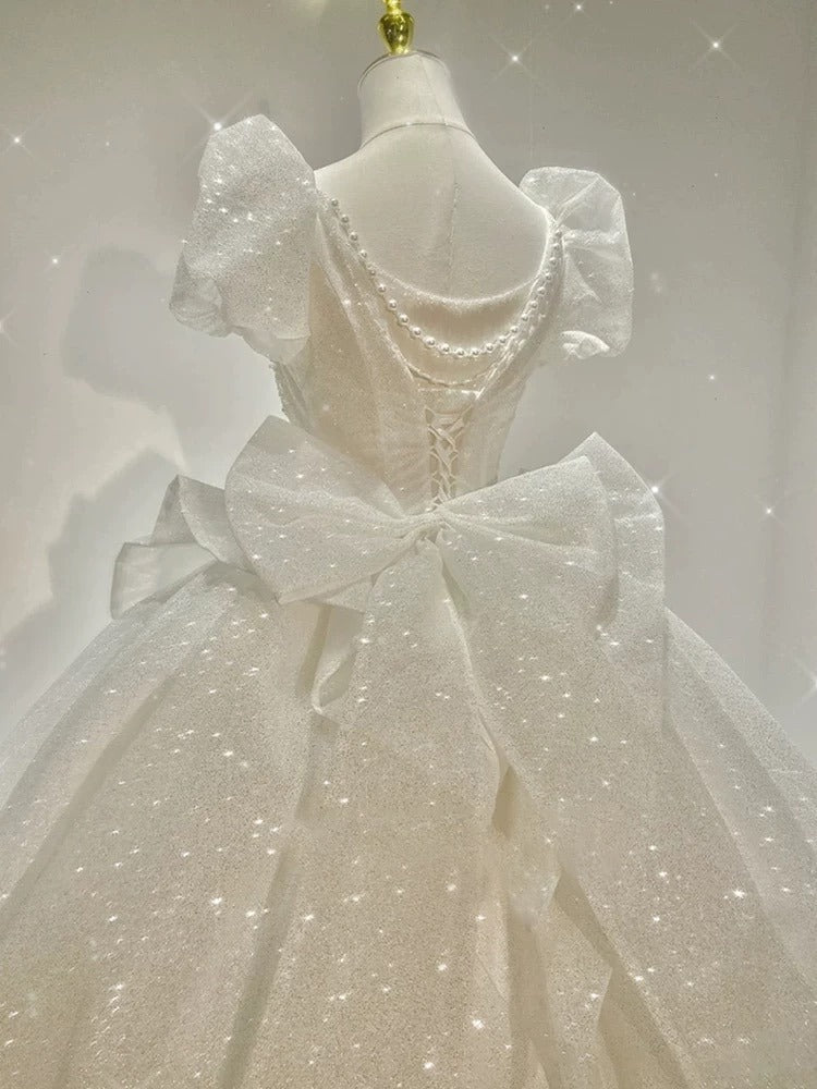 Unique Ball Gown Square Neckline Short Sleeves Sequin White Wedding Dresses Brides Dress