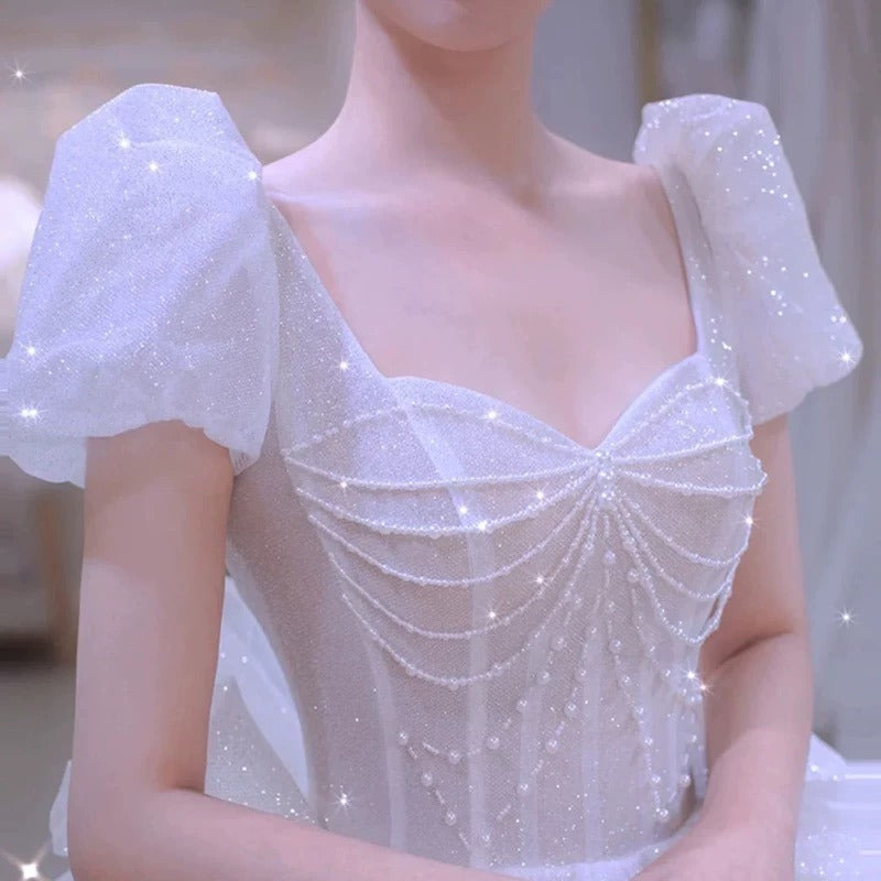 Unique Ball Gown Square Neckline Short Sleeves Sequin White Wedding Dresses Brides Dress