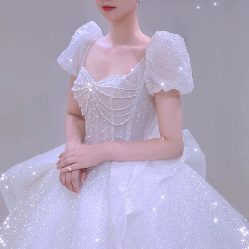 Unique Ball Gown Square Neckline Short Sleeves Sequin White Wedding Dresses Brides Dress