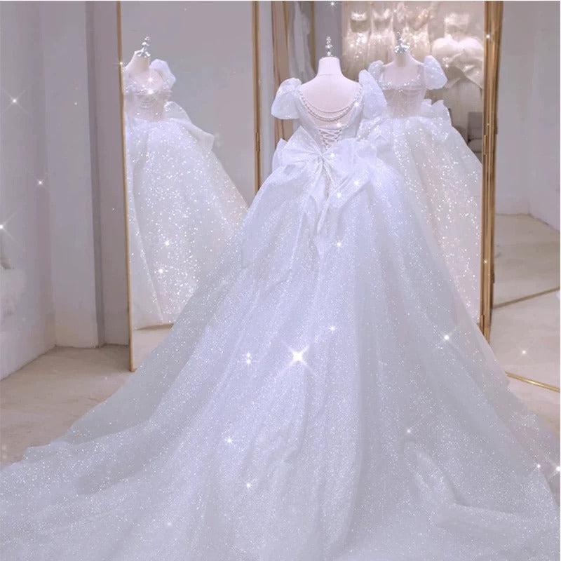 Unique Ball Gown Square Neckline Short Sleeves Sequin White Wedding Dresses Brides Dress