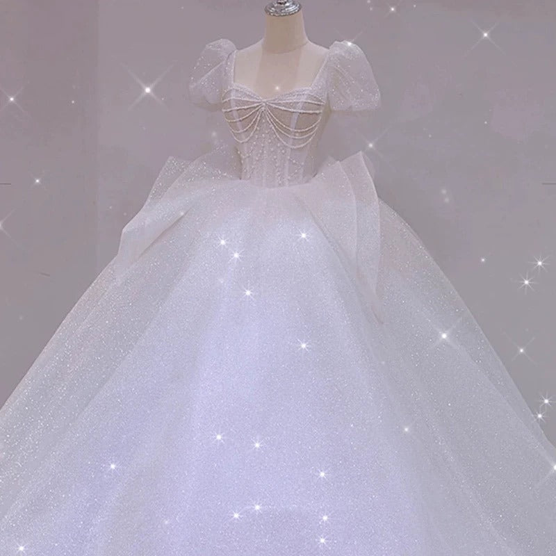 Unique Ball Gown Square Neckline Short Sleeves Sequin White Wedding Dresses Brides Dress