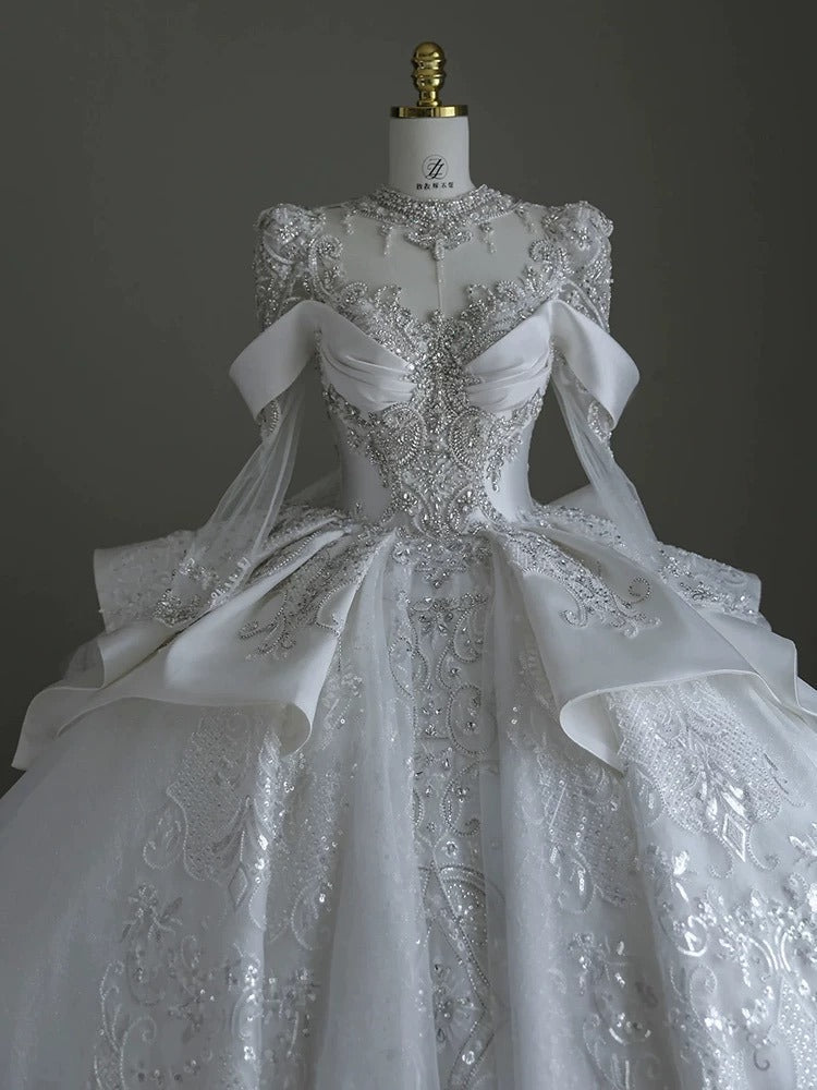 Pretty Ball Gown Scoop Neckline Long Sleeves Sequin White Wedding Dresses Brides Dress - View 3 | FashionDia
