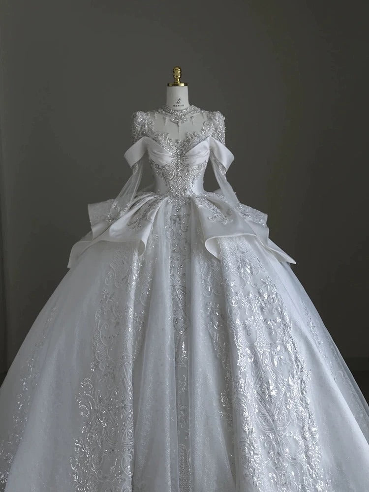 Pretty Ball Gown Scoop Neckline Long Sleeves Sequin White Wedding Dresses Brides Dress - View 2 | FashionDia
