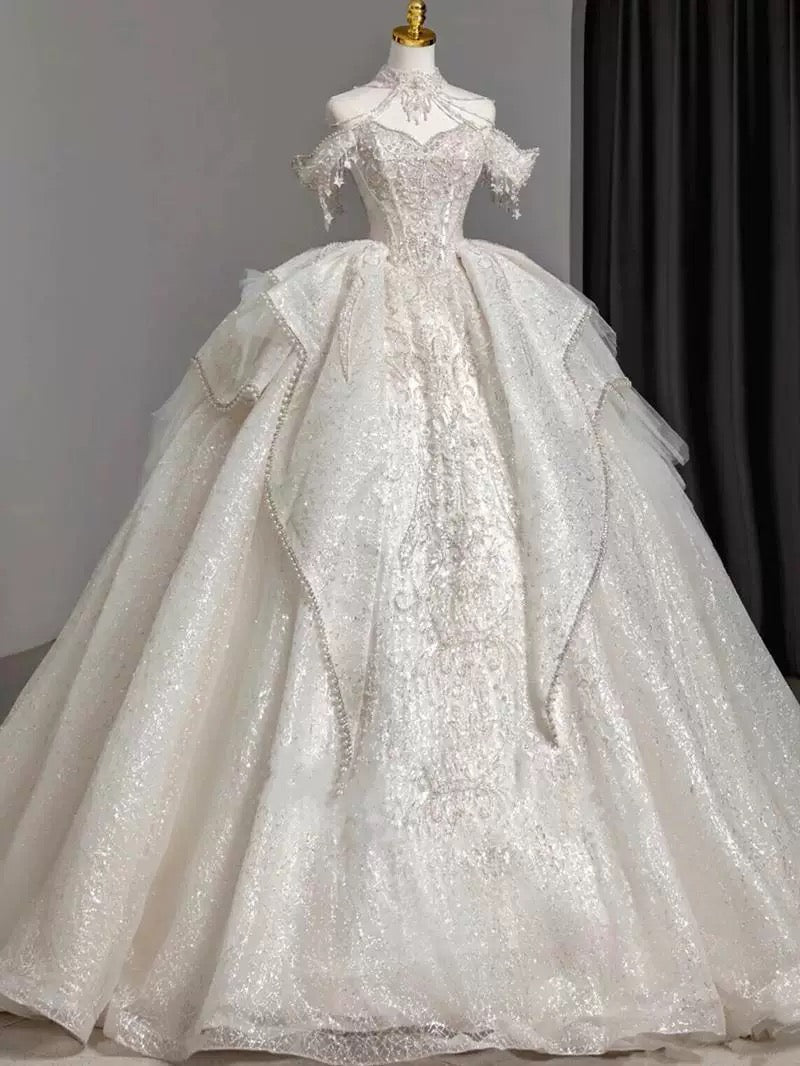 Timeless Ball Gown Sweetheart Short Sleeves Lace White Wedding Dresses Brides Dress - FashionDia