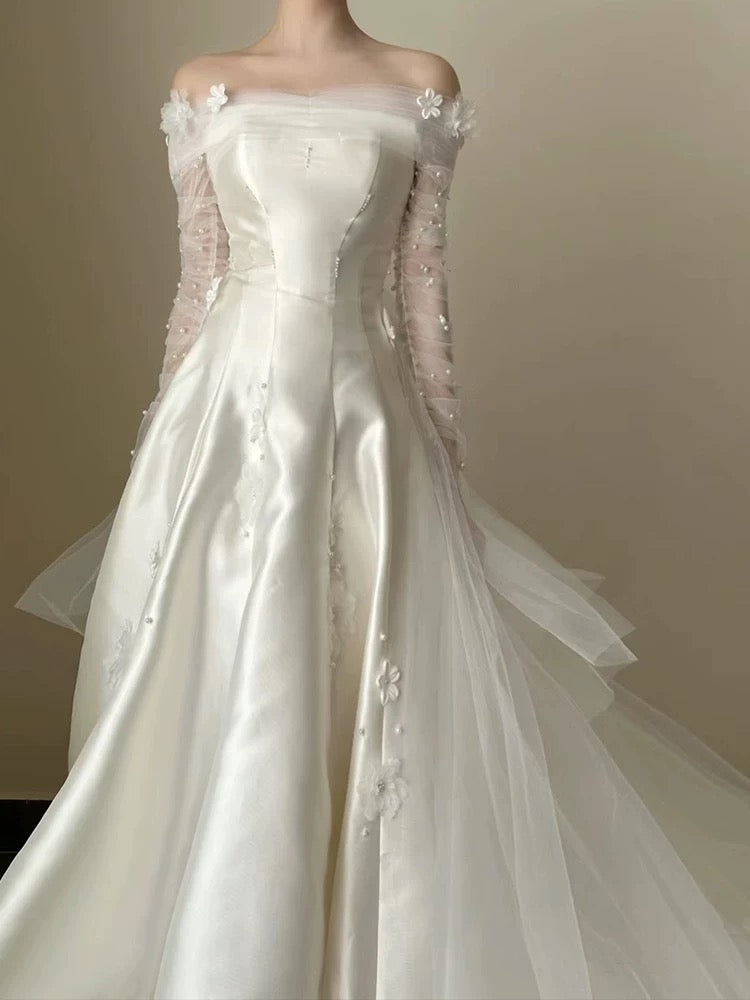 Timeless Ball Gown Off-the-Shoulder White Tulle Long Wedding Dress - View 3 | FashionDia