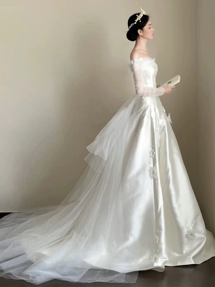 Timeless Ball Gown Off-the-Shoulder White Tulle Long Wedding Dress - View 2 | FashionDia