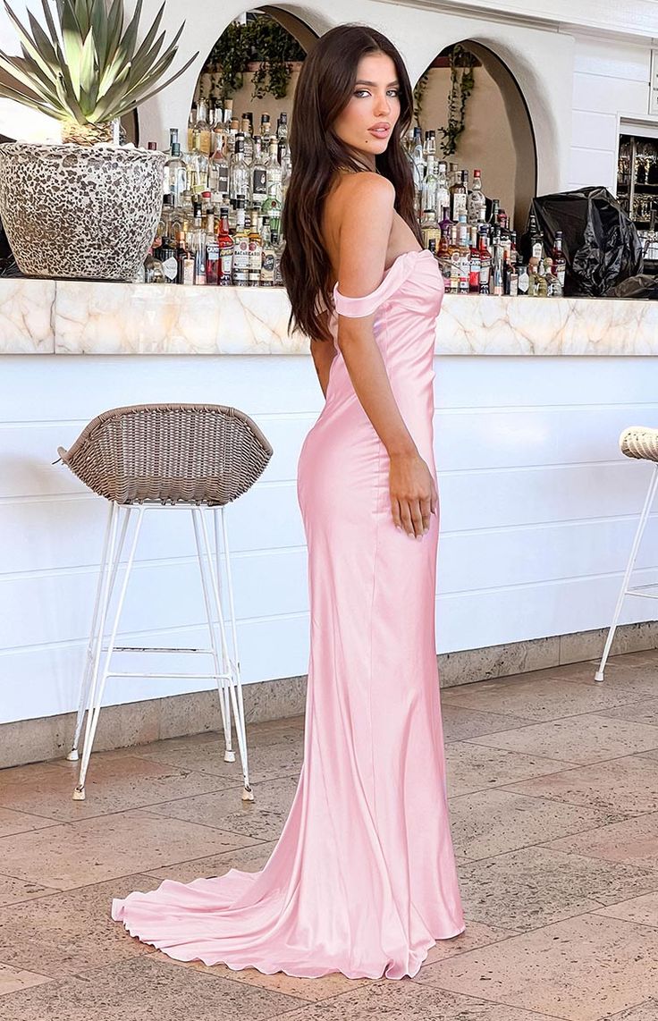 Mermaid Off The Shoulder Floor-length Satin Pink Evening Dress Prom Dresses
