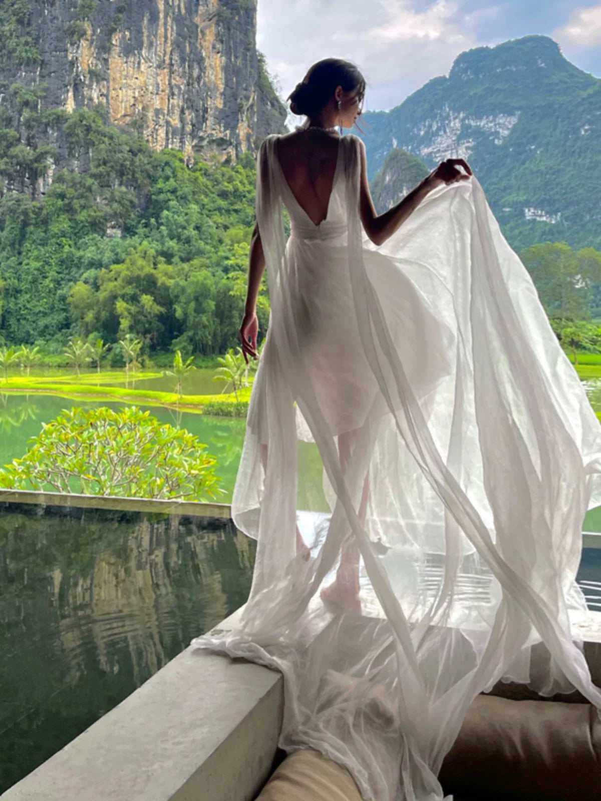 Beautiful A-Line V Neckline White Chiffon Long Party Dresses Prom Dress - View 5 | FashionDia