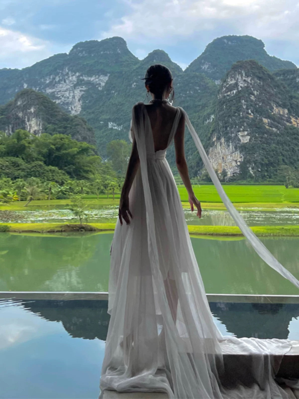 Beautiful A-Line V Neckline White Chiffon Long Party Dresses Prom Dress - View 2 | FashionDia