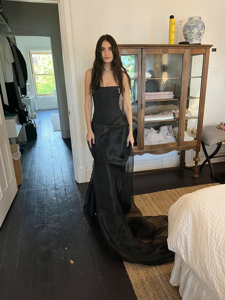 Beautiful Mermaid Strapless Black Long Organza Party Dresses Prom Dress - FashionDia