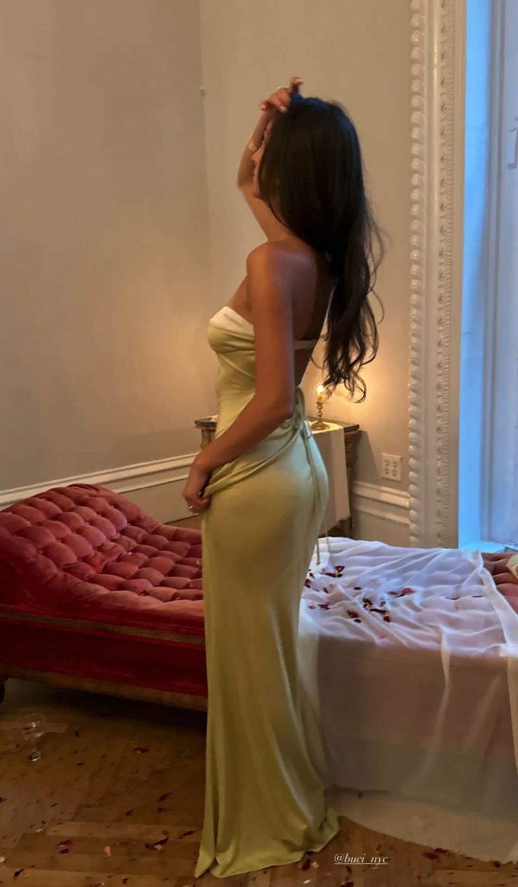 Beautiful Mermaid Strapless Neckline Yellow Long Satin Party Dresses Prom Dress - FashionDia