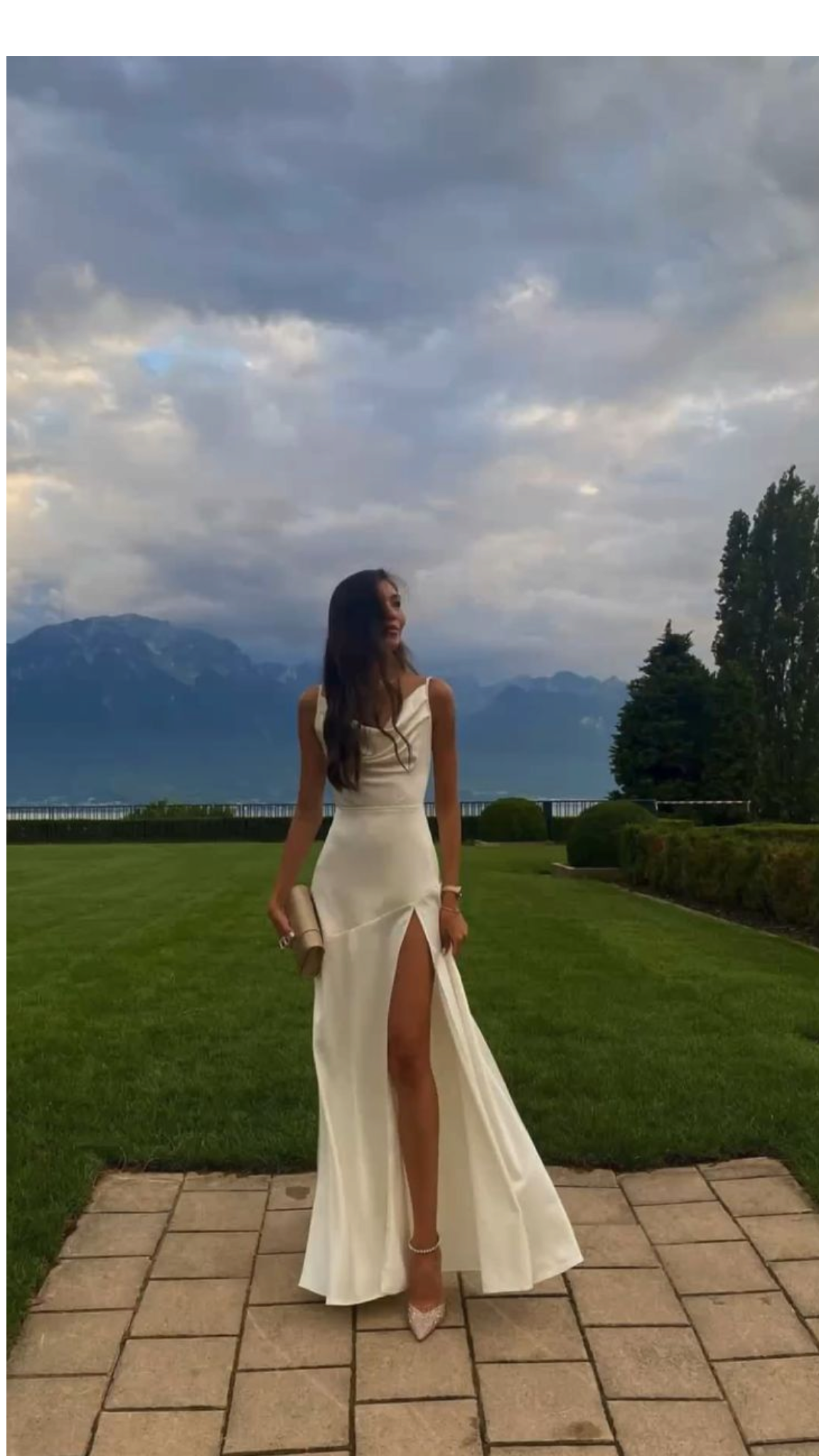 Gorgeous Mermaid Spaghetti Straps Floor-Length White Slit Evening & Prom Dress - View 2 | FashionDia
