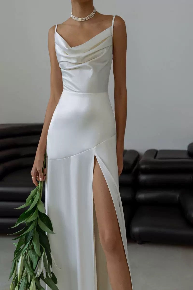 Gorgeous Mermaid Spaghetti Straps Floor-Length White Slit Evening & Prom Dress - View 7 | FashionDia