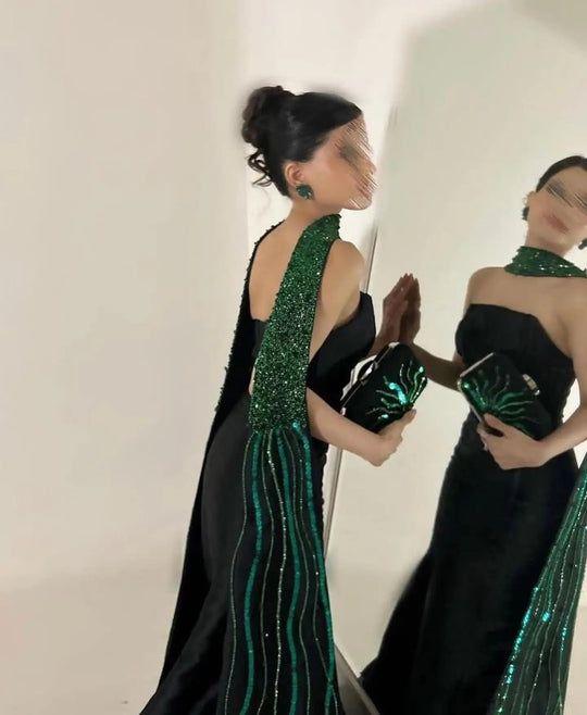 Classy Mermaid Strapless Black Satin Long Evening & Prom Dress With Ribbon - View 2 | FashionDia