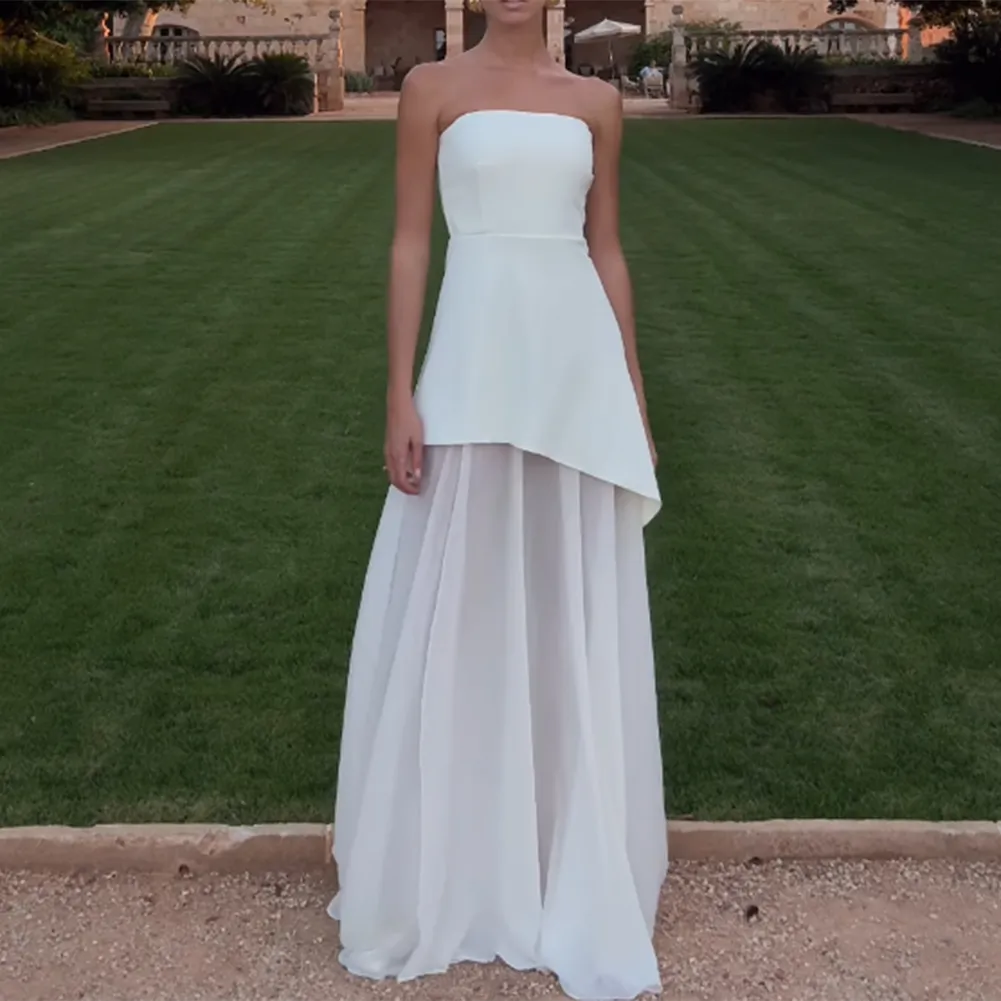 Classy A line Strapless White Chiffon Long Evening Dress Prom Dresses