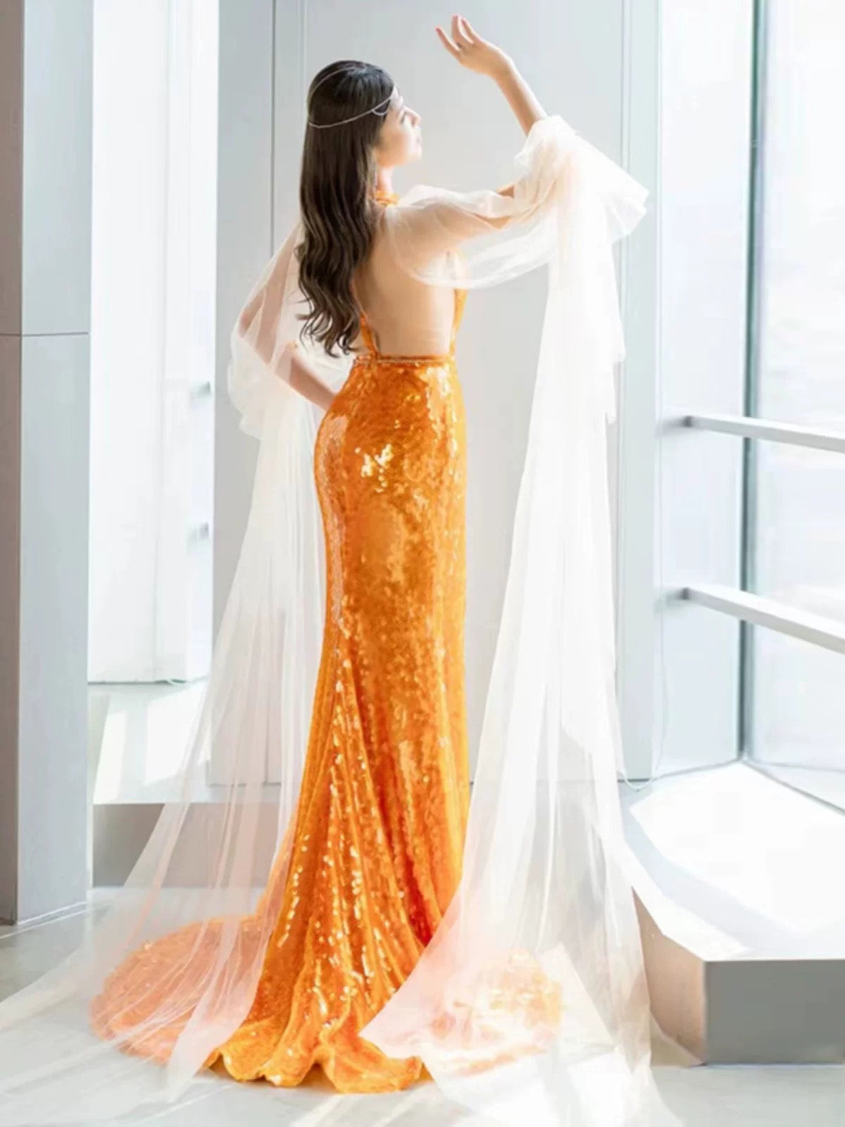 Pretty Mermaid Scoop Orange Sequin Long Prom & Evening Dress Formal Dress - View 2 | FashionDia