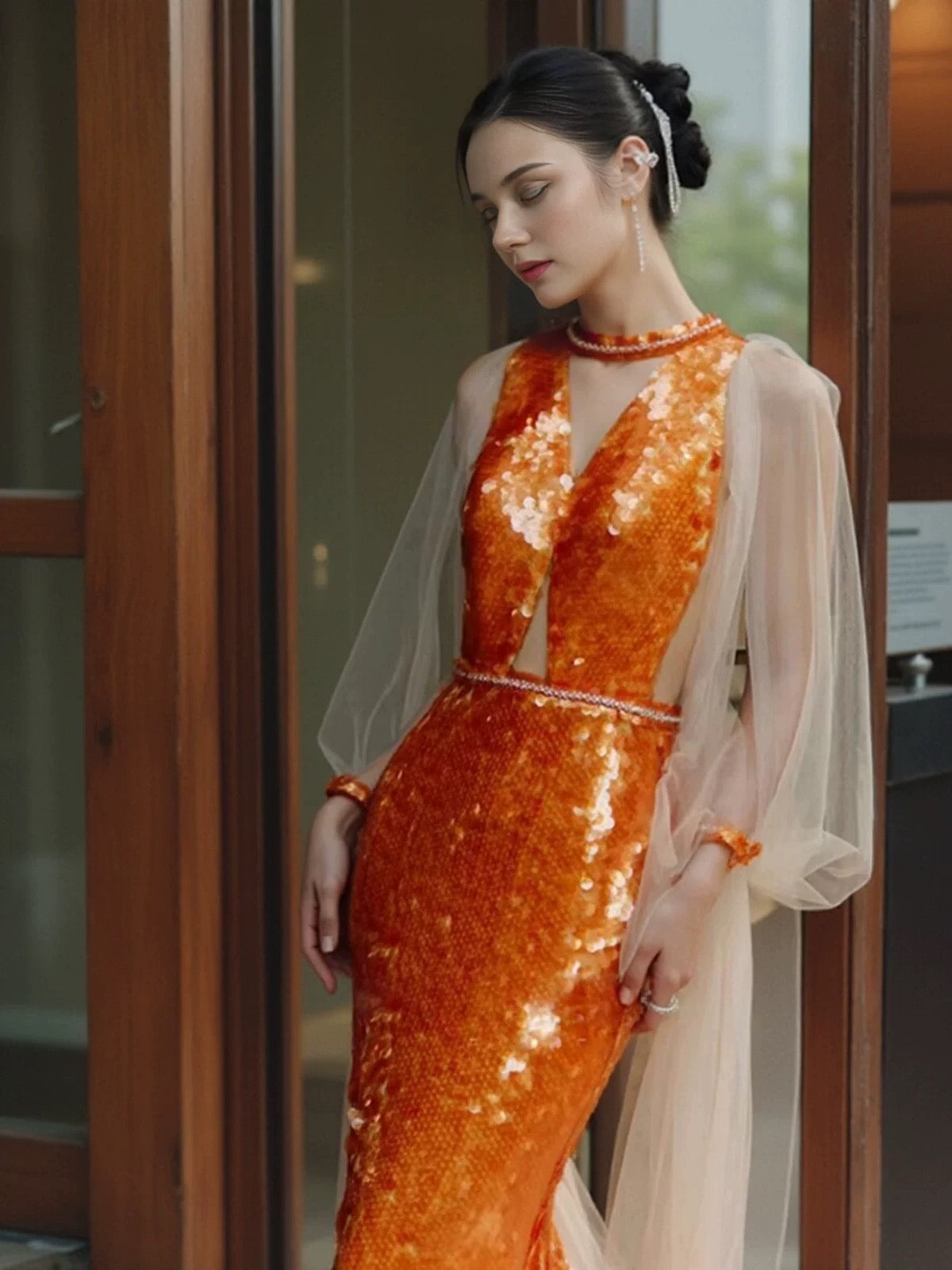 Pretty Mermaid Scoop Orange Sequin Long Prom & Evening Dress Formal Dress - View 3 | FashionDia