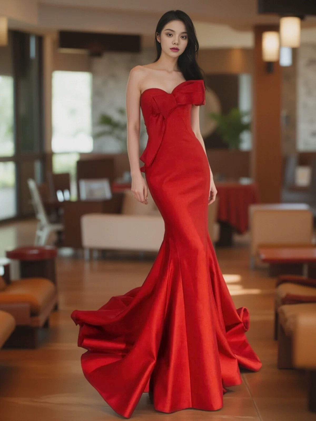Pretty Mermaid Sweetheart Satin Long Red Prom & Evening Dress Formal Dress - View 3 | FashionDia