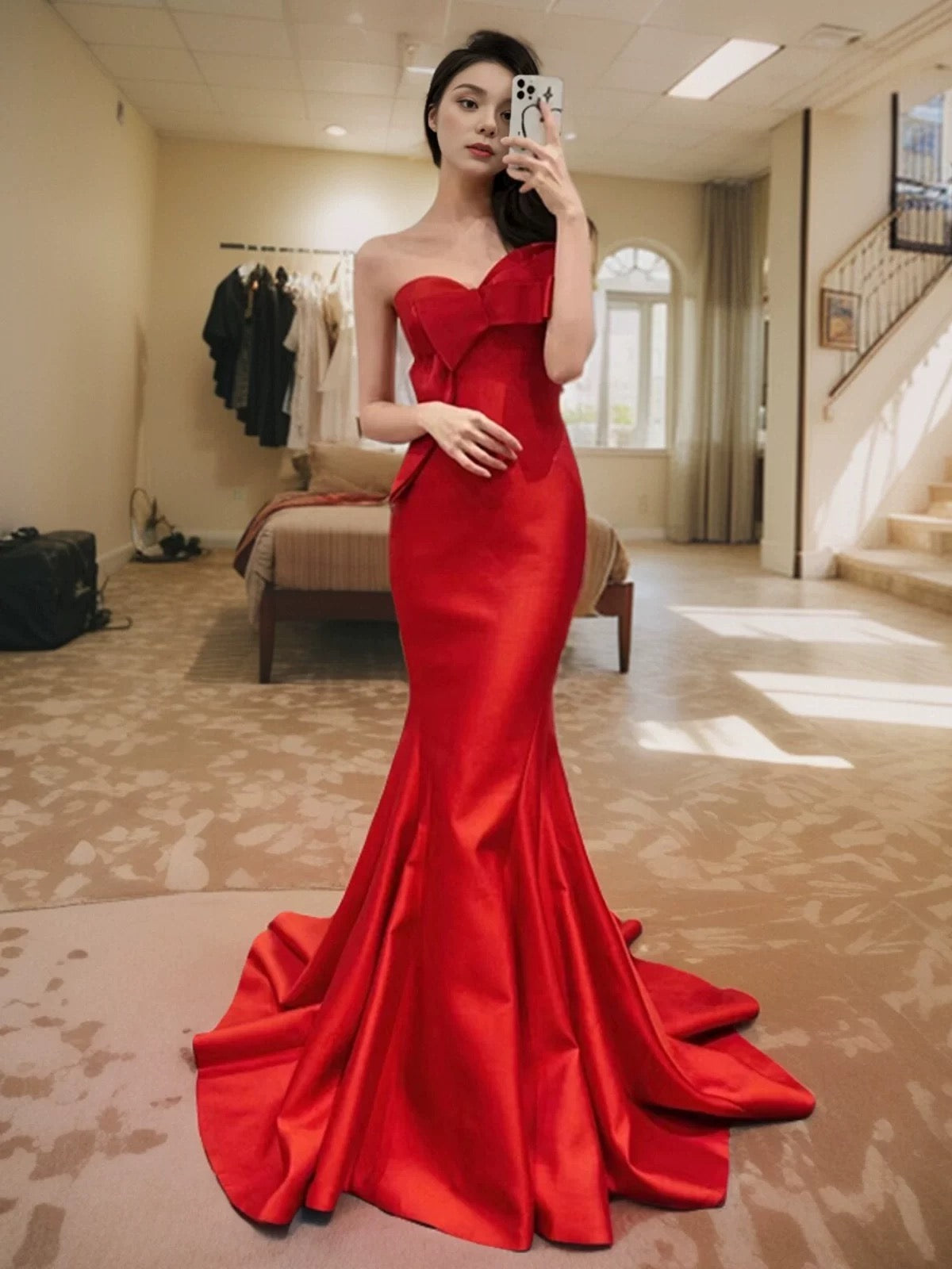 Pretty Mermaid Sweetheart Satin Long Red Prom & Evening Dress Formal Dress - FashionDia
