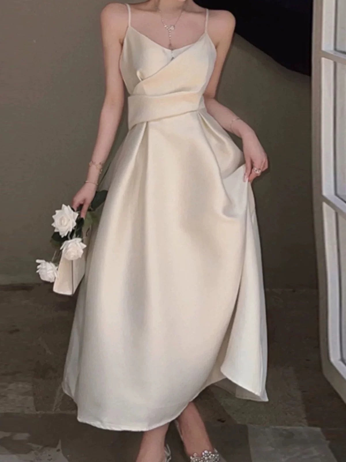 Pretty A line Spaghetti Straps Satin Prom Dress Evening Dress Formal Dress