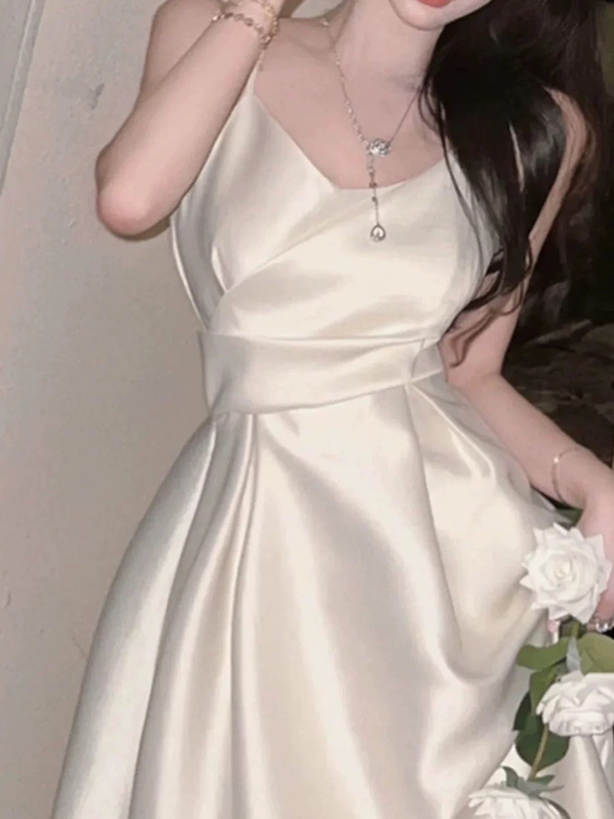 Pretty A line Spaghetti Straps Satin Prom Dress Evening Dress Formal Dress